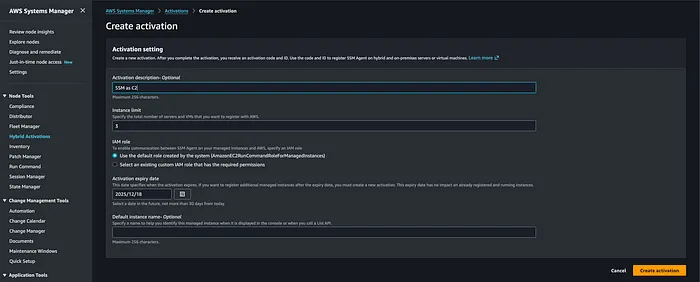 AWS SSM console — creating a hybrid activation for non-EC2 managed nodes