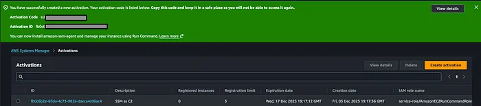 AWS SSM hybrid activation — Activation ID and Activation Code