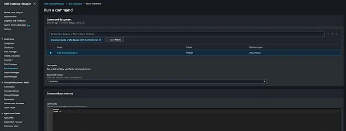 AWS-RunShellScript document being used to execute commands on the victim macOS machine