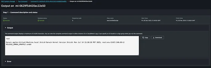 Shell script command output returned in the AWS SSM console from the victim Mac