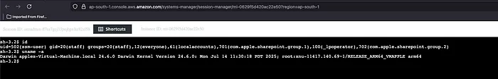 Active interactive terminal session running on the victim macOS machine via SSM Session Manager