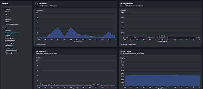 Real-time CPU and memory performance metrics for the compromised Windows machine in SSM Fleet Manager