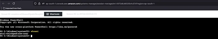 whoami output confirming command execution on the victim Windows machine via SSM interactive session